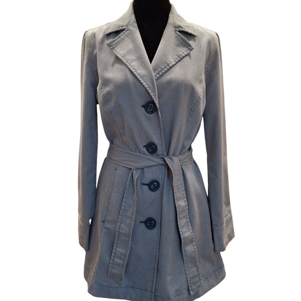 Like new, Sz.S,Women's Blue and white pintripe, Trench Coat. 31in.long Flawless.